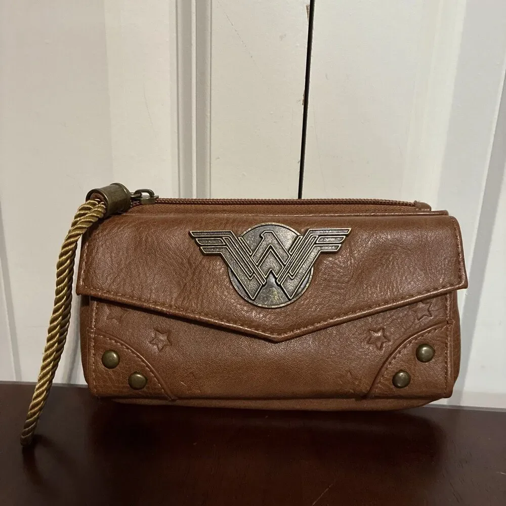 Wonder Woman Brown Zip-Around Wristlet Wallet w/ Wrist Strap, Card Slots
